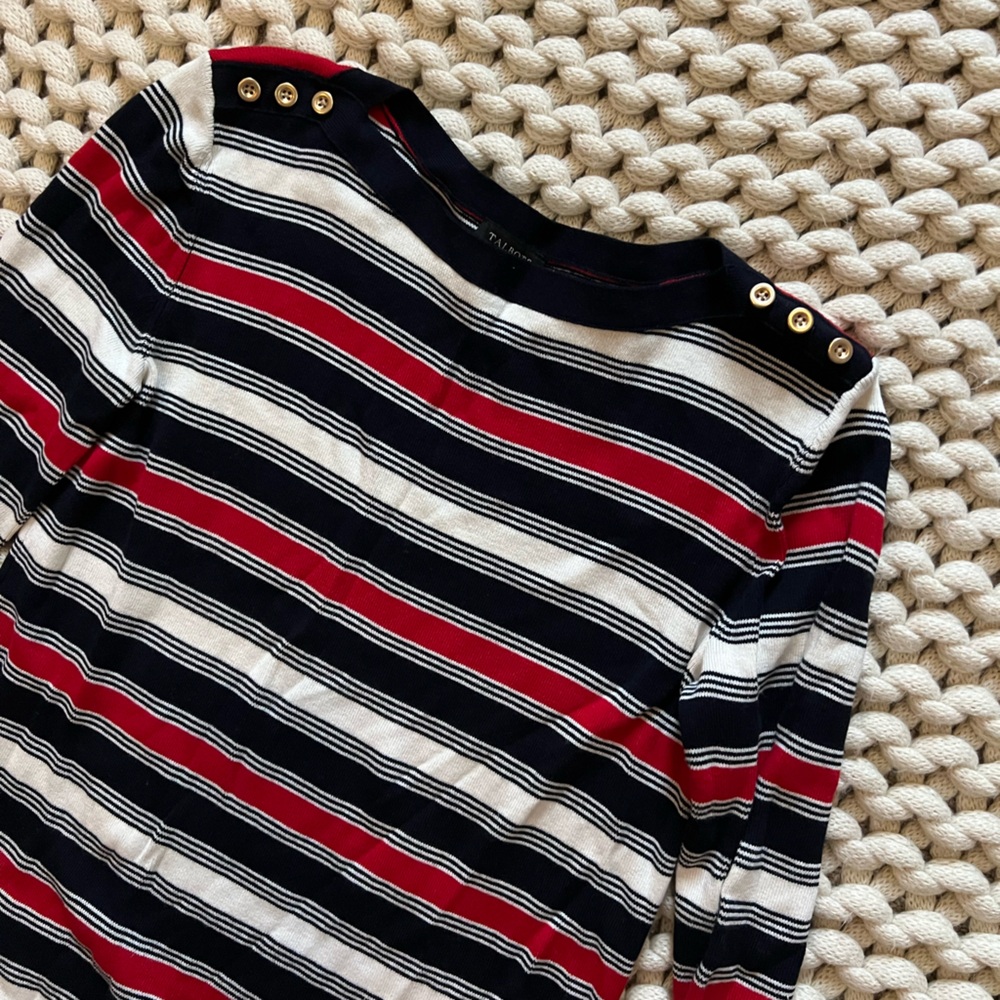 Talbots women’s XS red white and blue striped sweater with gold buttons